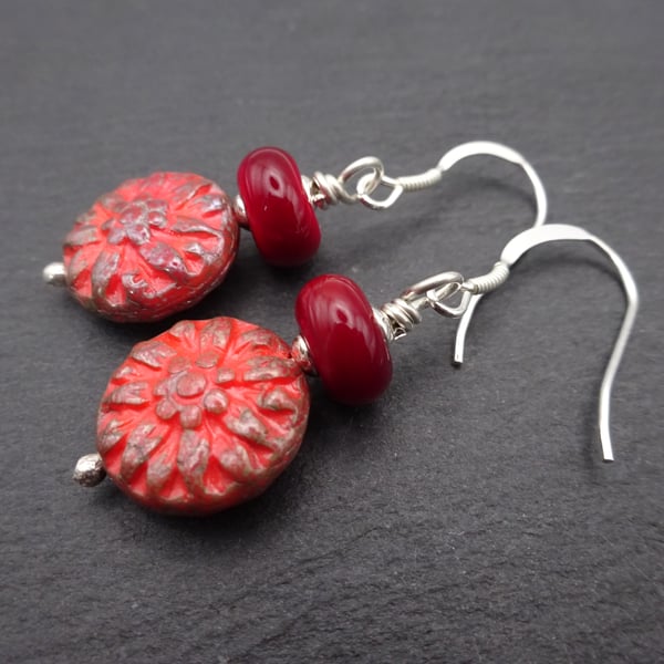 red dahlia lampwork glass earrings