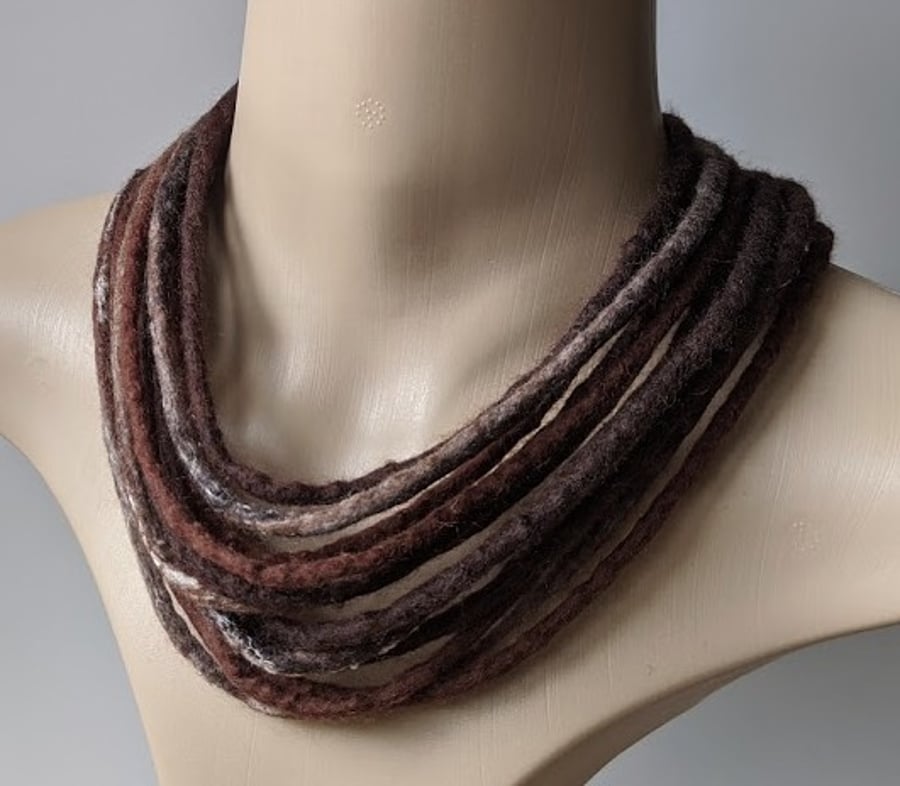 Felted cord necklace in shades of brown