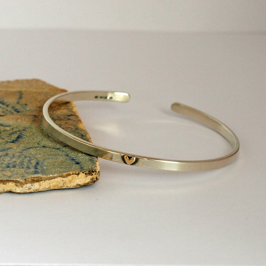 Sterling Silver Cuff Bracelet With 9ct Yellow Gold Heart