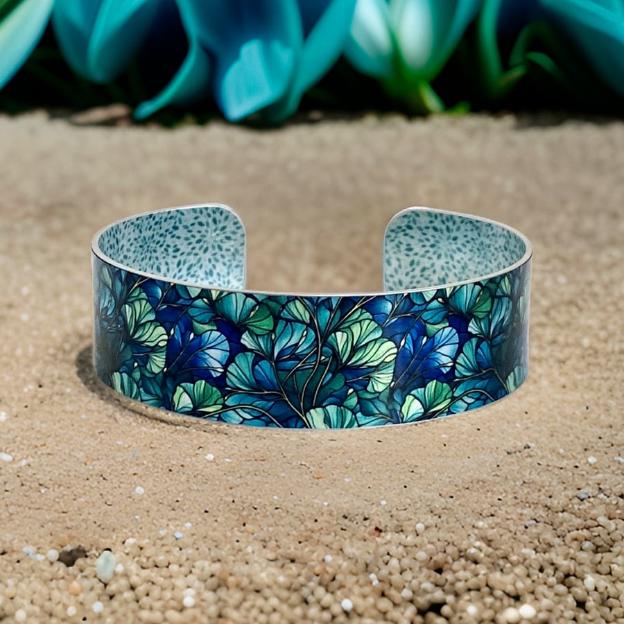 Ginkgo jewellery bangle, green blue cuff bracelet. Can be personalised. (828)