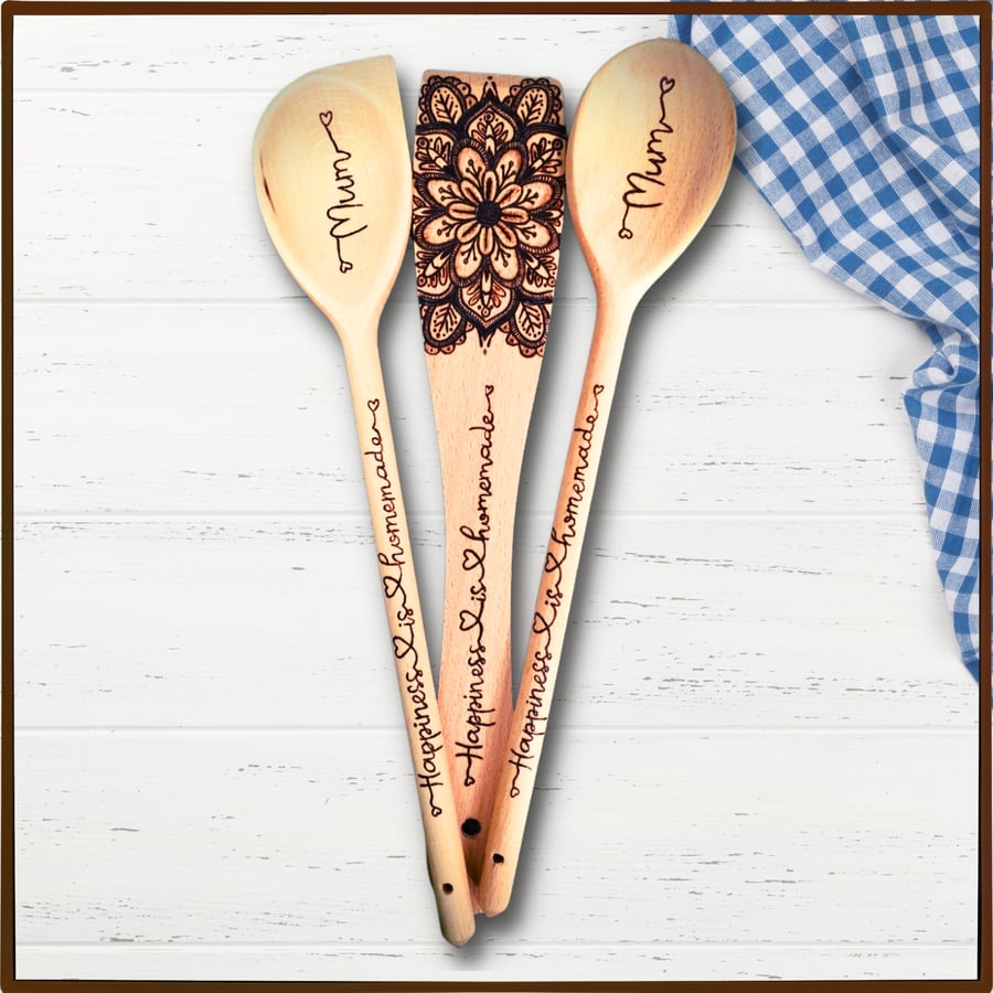 Personalised Wooden Utensils, Pyrography Name and Mandala Flower, Set of 3