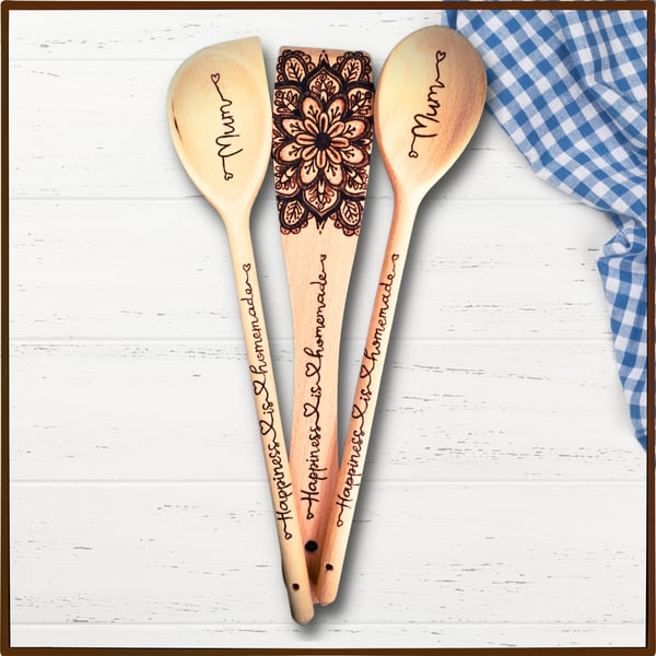 Personalised Wooden Utensils, Pyrography Name and Mandala Flower, Set of 3