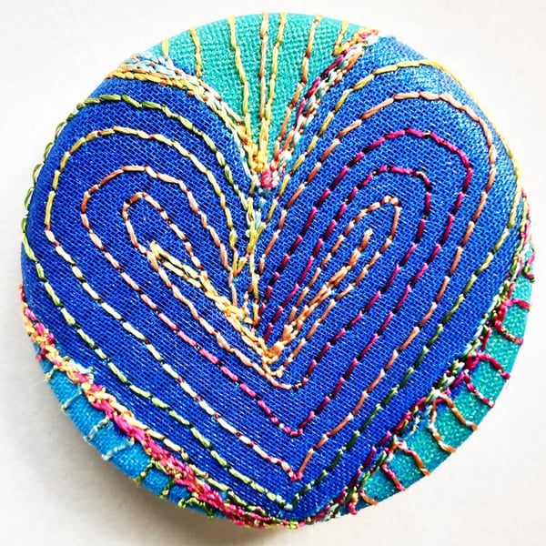 38mm Hand Dyed Fabric Heart Badge with Free Machine Embroidery 