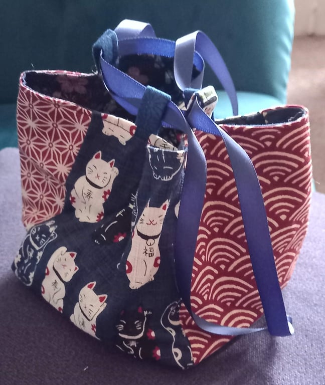 Navy and Red Japanese Rice Bag