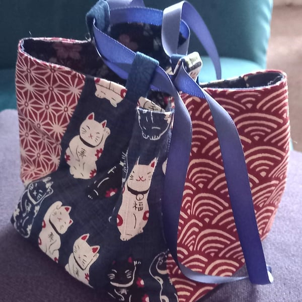 Navy and Red Japanese Rice Bag