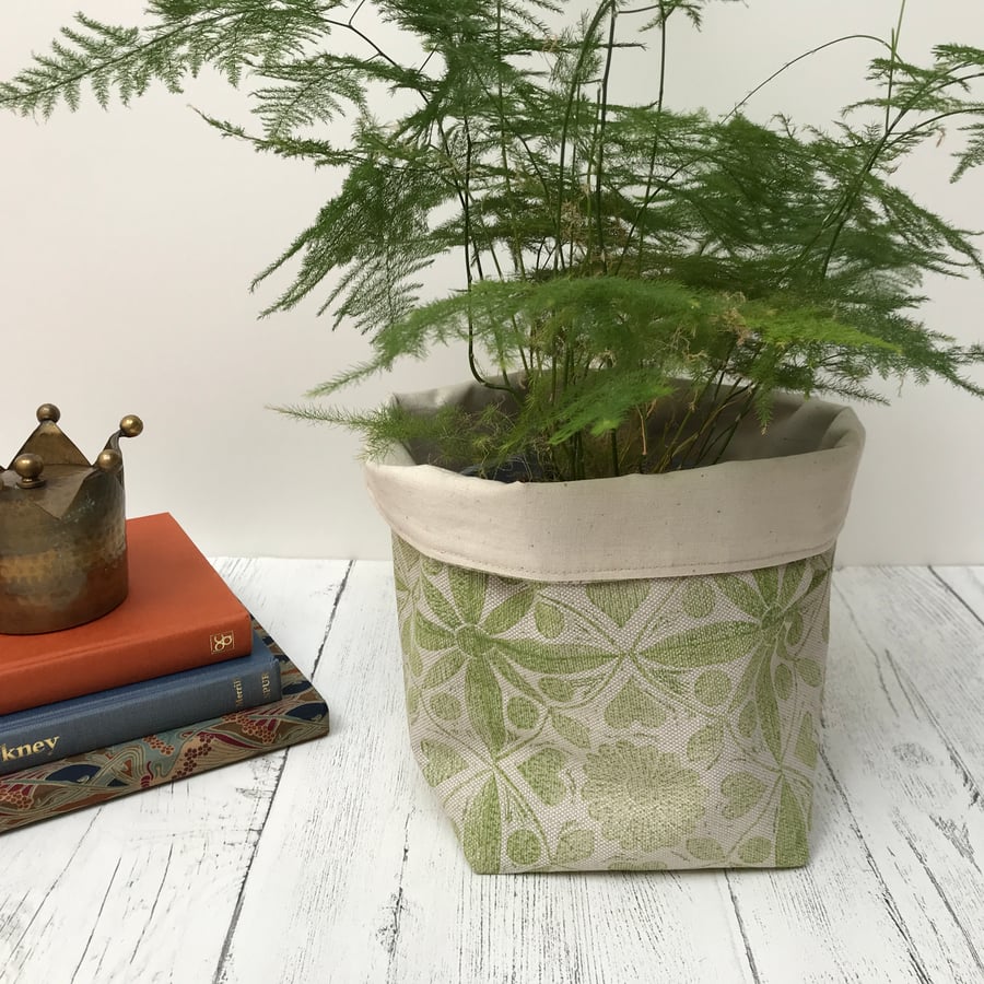 Hand Printed Linen Storage Basket, Storage Pot, Plant Pot - Chartreuse Green