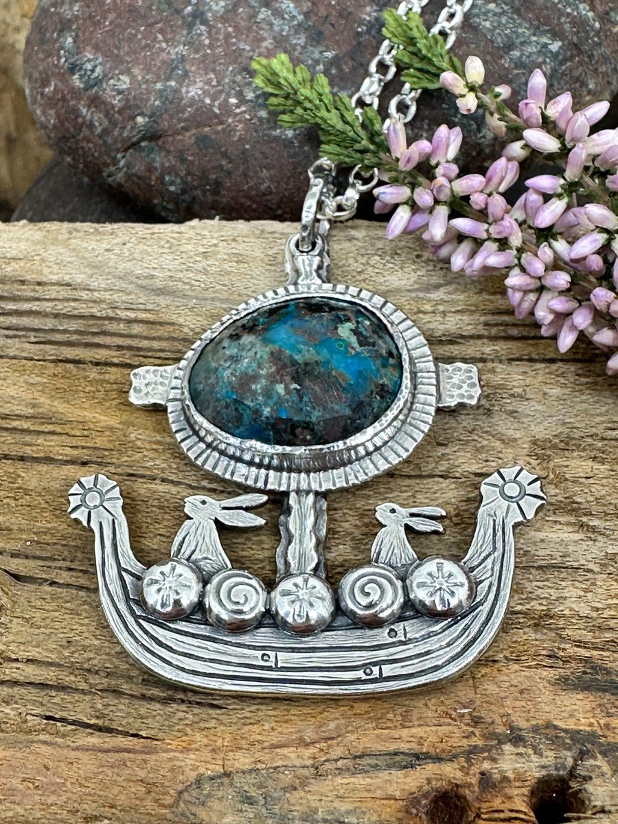 Viking Ship Hare Pendant with Chrysocolla 