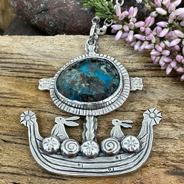 Viking Ship Hare Pendant with Chrysocolla 