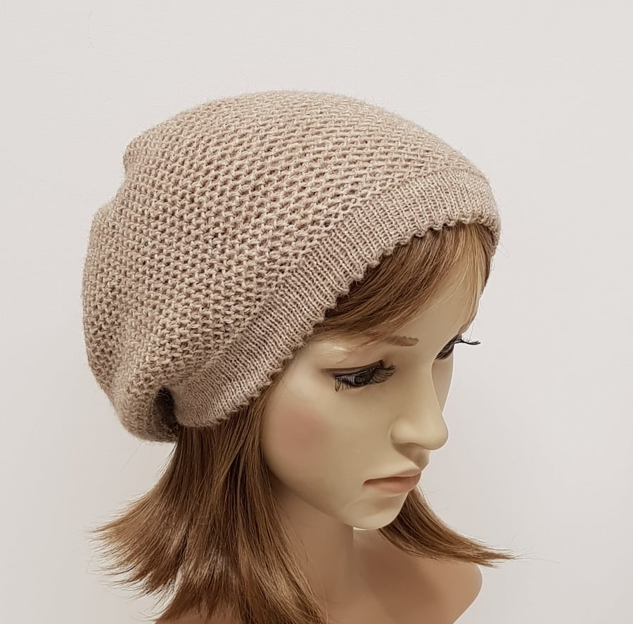 Handmade knitted winter hat for women, baggy beret, fall tam, slouch alpaca hat