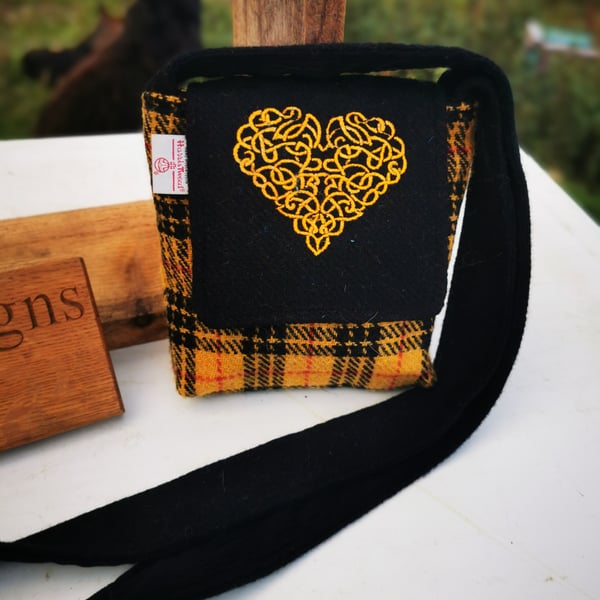Macleod Tartan Harris Tweed crossbody bag with embroidered celtic heart