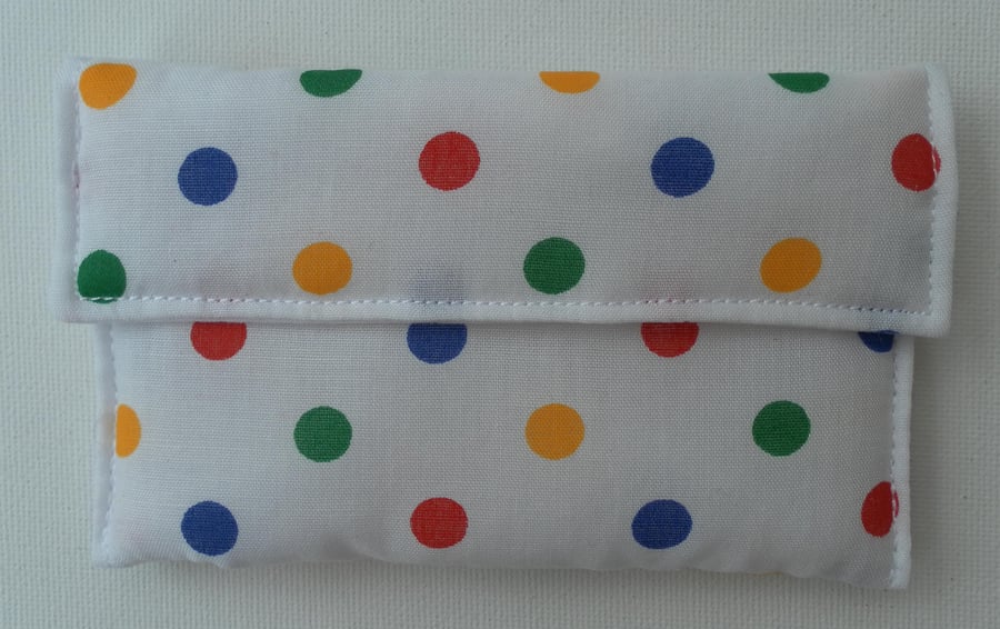 Small Coin Purse, white cotton with yellow, green, blue and red dots