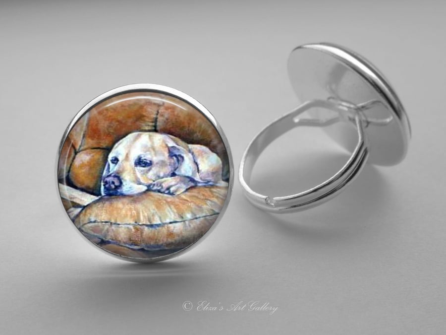 Silver Plated Labrador Dog Art Glass Cabochon Ring