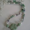 Lava Rock, Aventurine, Fluorite& Shell Pearl Silver Plate Necklace