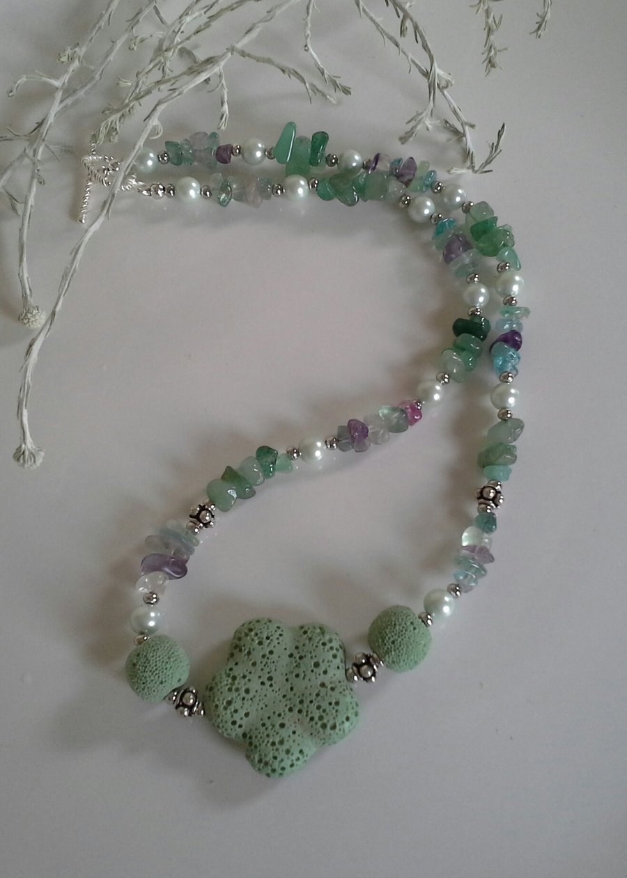 Lava Rock, Aventurine, Fluorite& Shell Pearl Silver Plate Necklace
