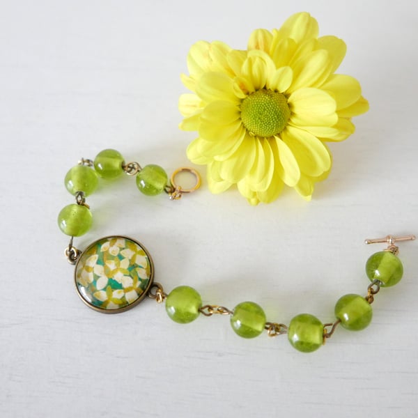 Green Bracelet, Summer Bracelet, Glass Bracelet with Floral Art print