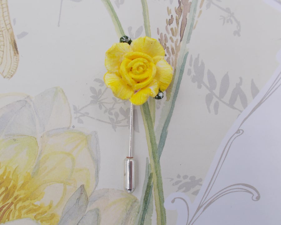 Small Delicate YELLOW ROSE PIN Wedding Lapel Flower Love Token Pin HAND PAINTED