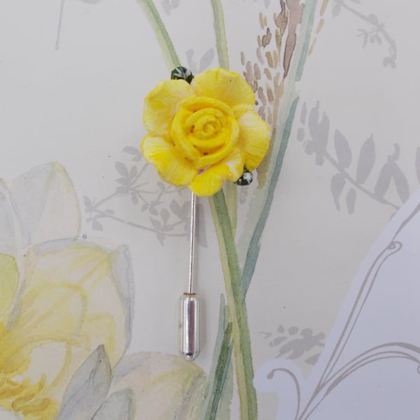 Small Delicate YELLOW ROSE PIN Wedding Lapel Flower Love Token Pin HAND PAINTED