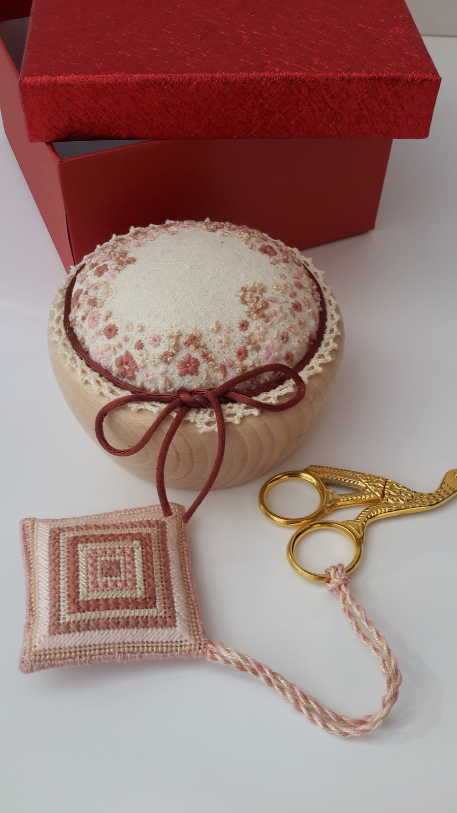 Pincushion, Stork Scissors & Scissor Keep, Hand Embroidered Pin Cushion Gift Set