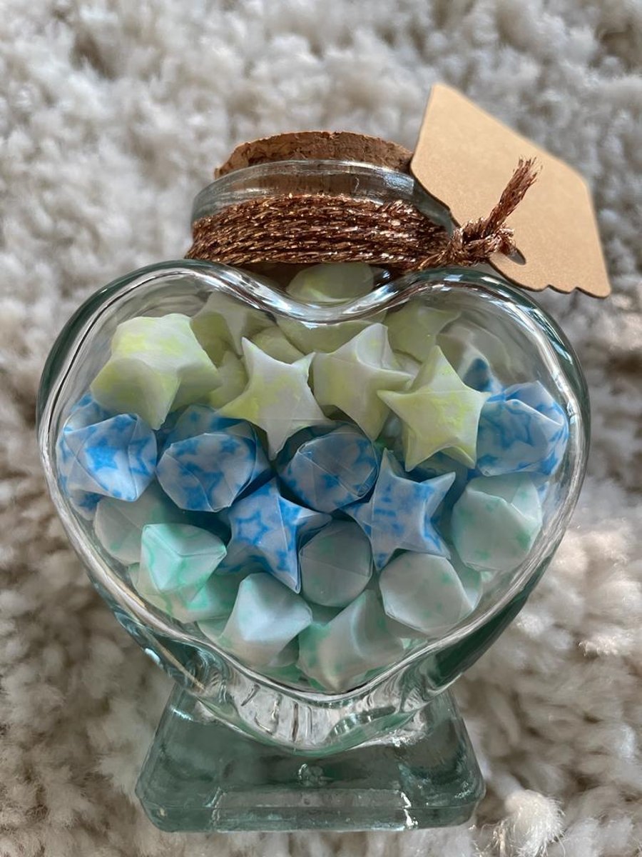 "Ocean Vibe" Folded Lucky Stars In Heart Shaped Jar Glow In The Dark