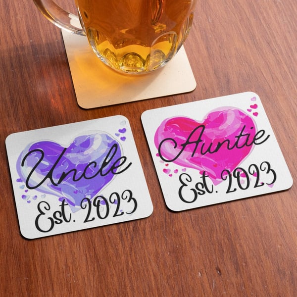 Auntie And Uncle Set Of Two Coasters 2023 Coaster Set Gift Cute Baby Shower 