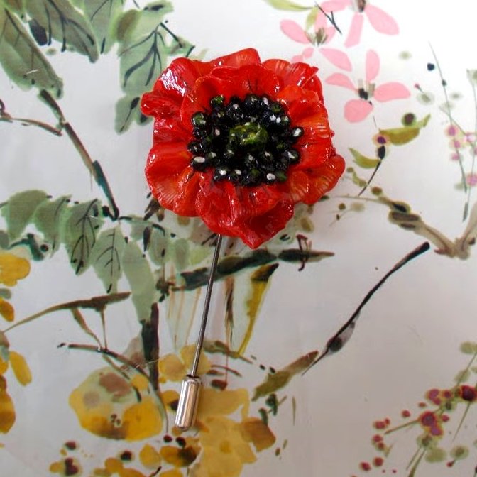 Festive RED POPPY PIN Clay Remembrance Lapel Flower Brooch HANDMADE HAND PAINTED