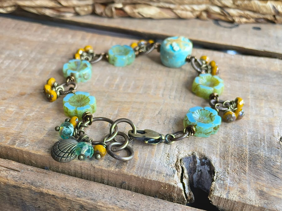 Seafoam Green Czech Glass Bracelet with Artisan Polymer Clay Starfish Bead 