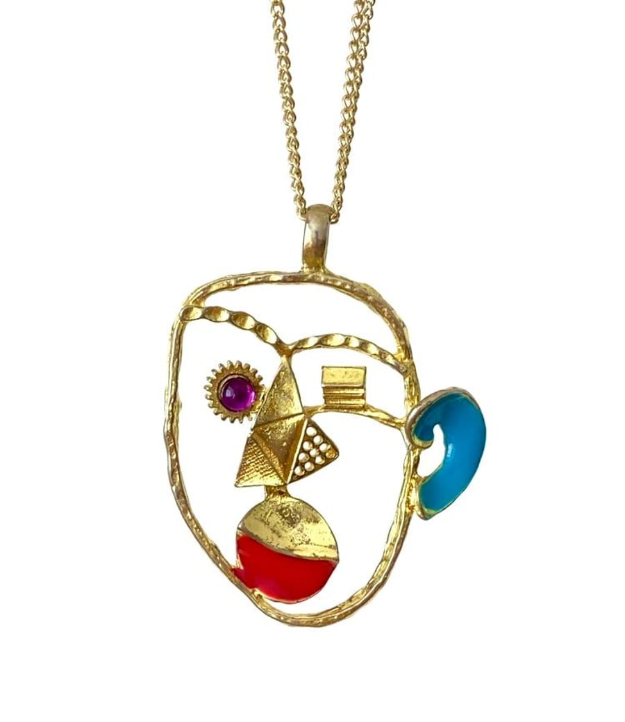 Upcycled Quirky Gold Tone Abstract Face With Steampunk Gear Eye Necklace