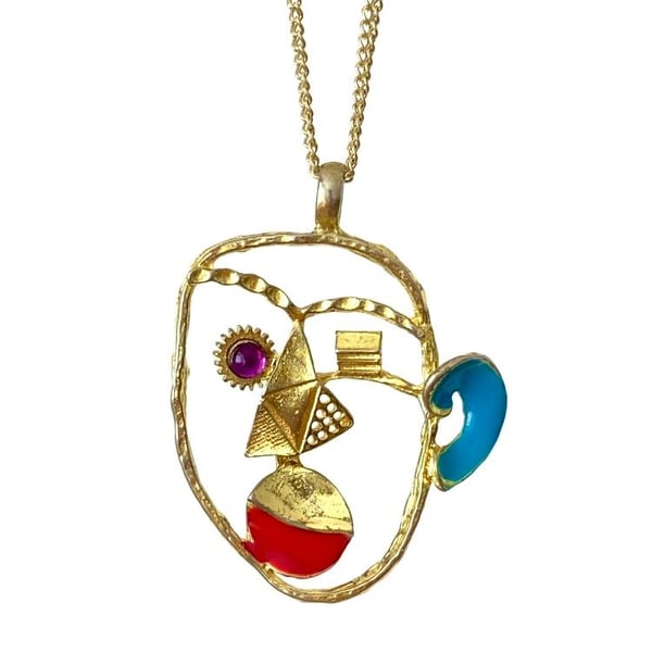 Upcycled Quirky Gold Tone Abstract Face With Steampunk Gear Eye Necklace