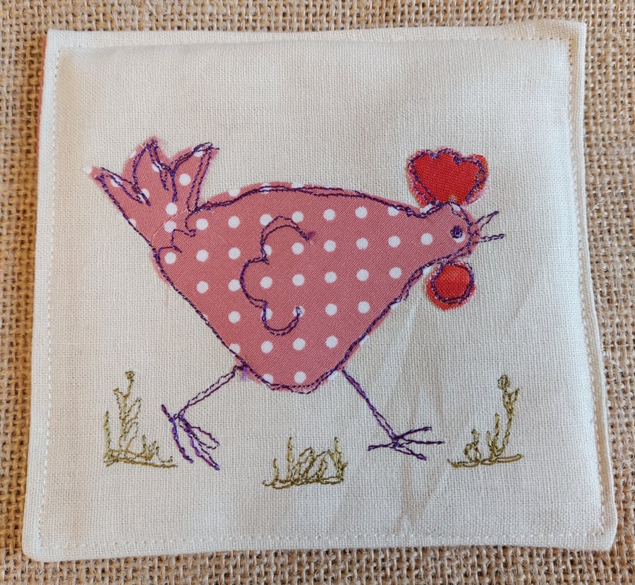 Fabric Coaster  - Dotty Chicken on a Mission!