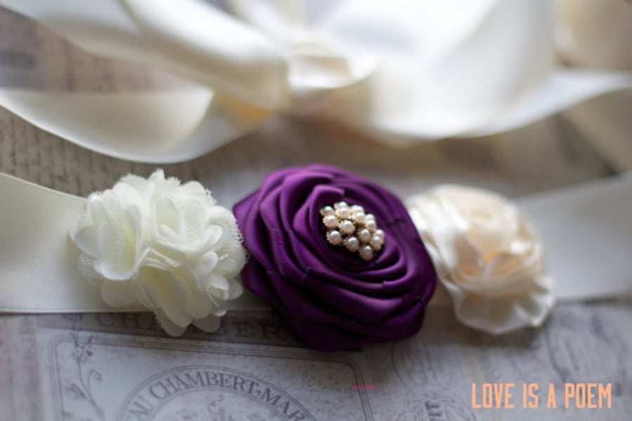 ABIGAIL: Ivory and Eggplant Wedding Sash. Bridesmaid Sash. Flower Girl Sash.