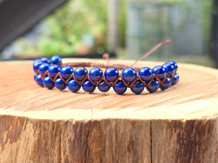 Lapis Lazuli Beaded Macrame Bracelet - Adjustable Gemstone Bracelet 