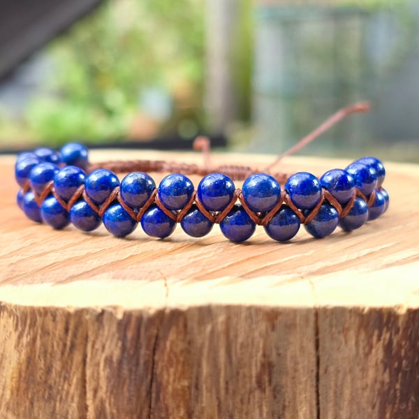 Lapis Lazuli Beaded Macrame Bracelet - Adjustable Gemstone Bracelet 
