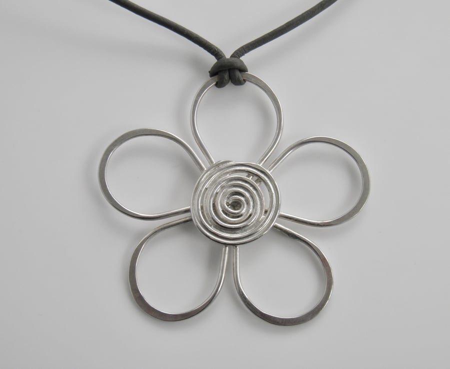 Sterling Silver Flower Necklace on Leather, Handcrafted Flower Pendant