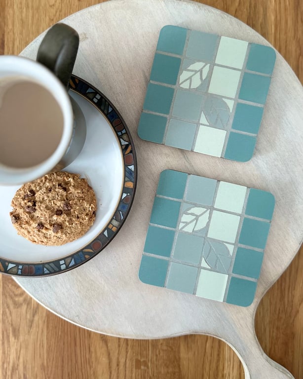 Coaster Set - Two Mosaic Striped Coasters in Teal