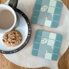 Coaster Set - Two Mosaic Striped Coasters in Teal