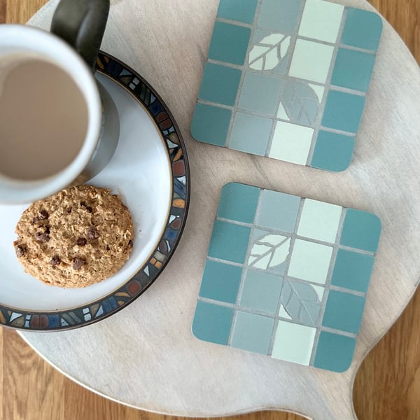 Coaster Set - Two Mosaic Striped Coasters in Teal