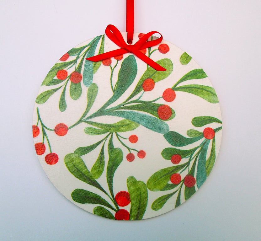 Christmas mistletoe berries wood decoupage hanging decoration