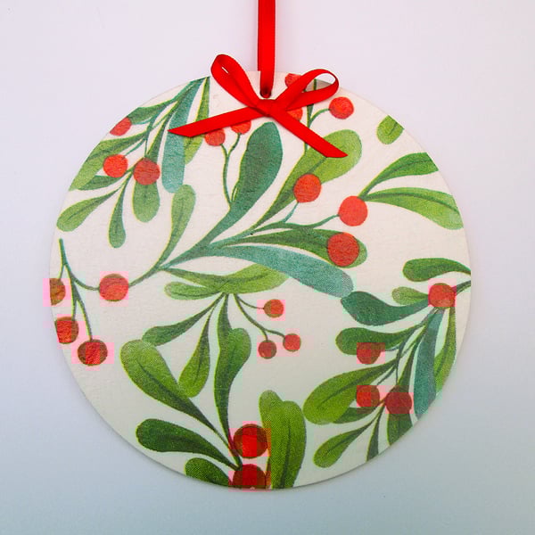 Christmas mistletoe berries wood decoupage hanging decoration