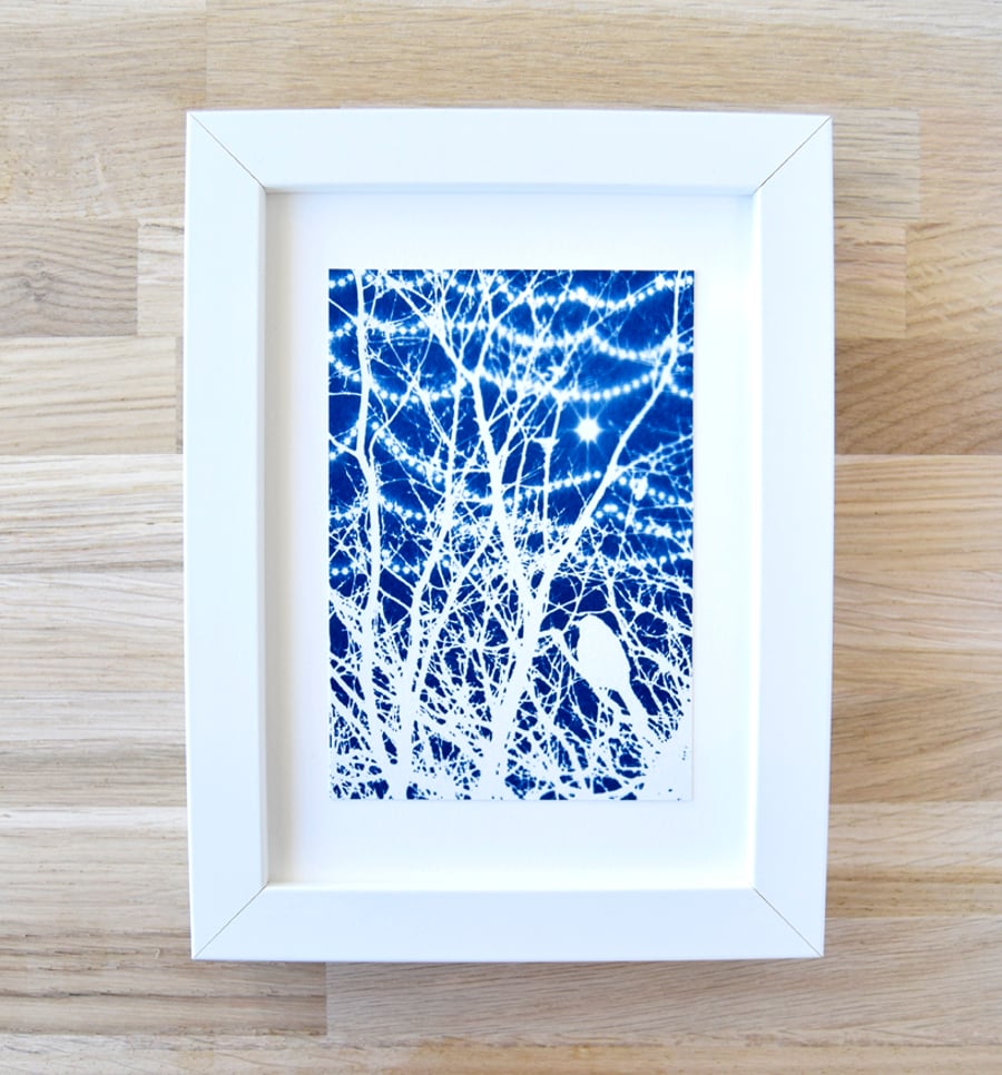 Framed Bird in twinkling branch Cyanotype Blue and White