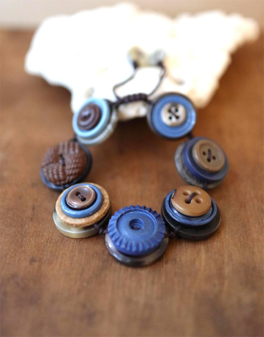 Chocolate and Blue colour story - Vintage Button Handmade Adjustable Bracelet 