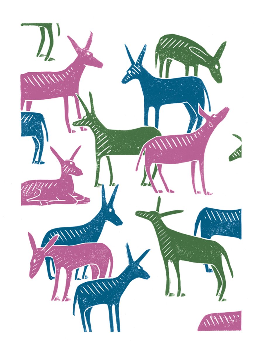 Wandering Donkeys A3 poster-print (green & pink & blue)