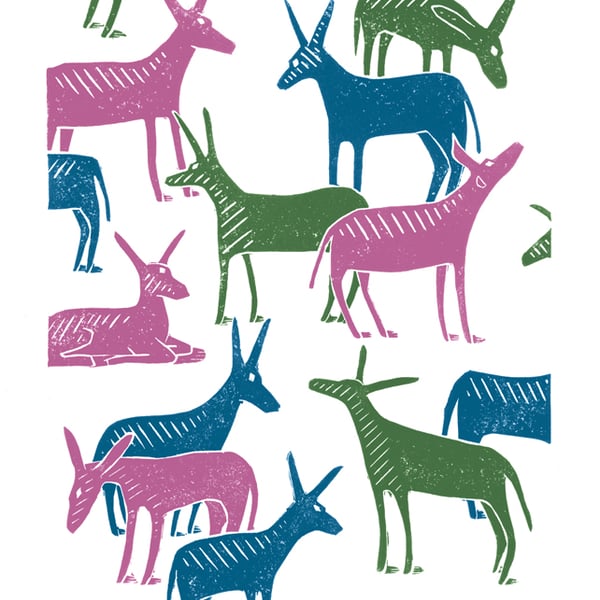 Wandering Donkeys A3 poster-print (green & pink & blue)