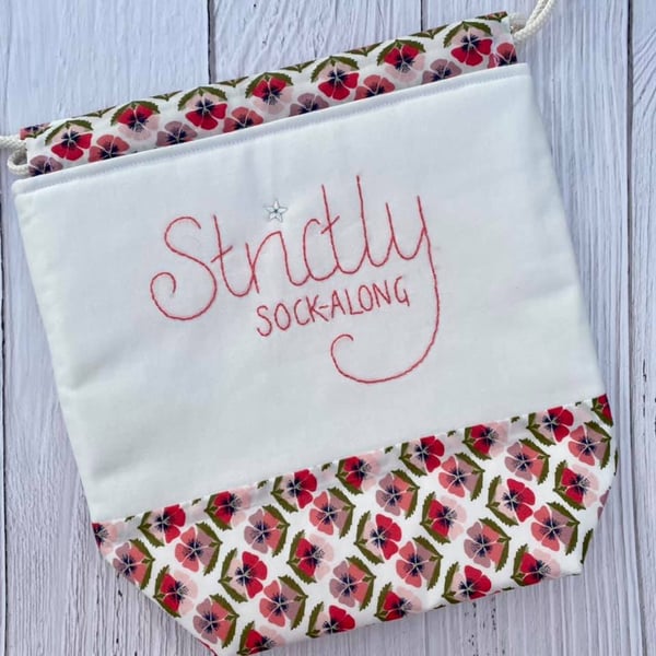 'Strictly Sock-Along' Project Bag with Hand Embroidery - Pansy Coral