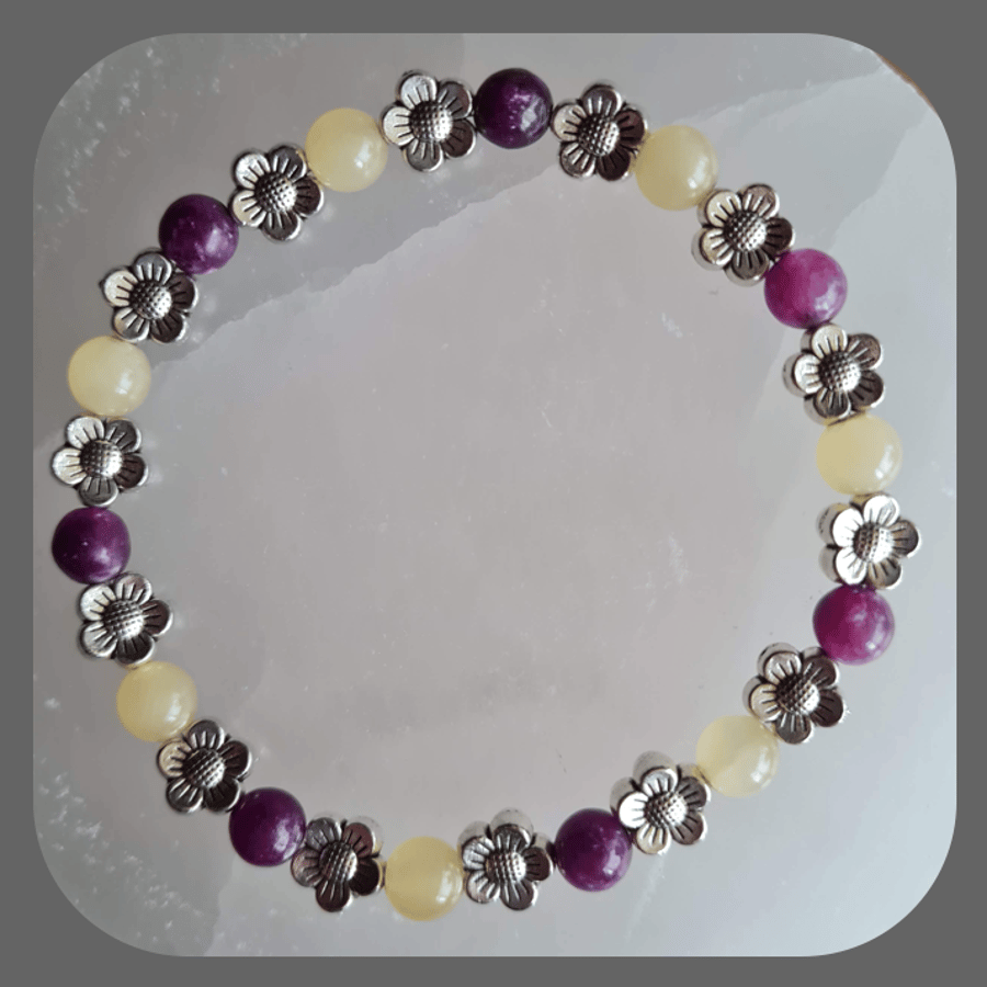 Pretty Ambronite and Lepidolite Stacker Bracelet with Tibetan Silver Flowers
