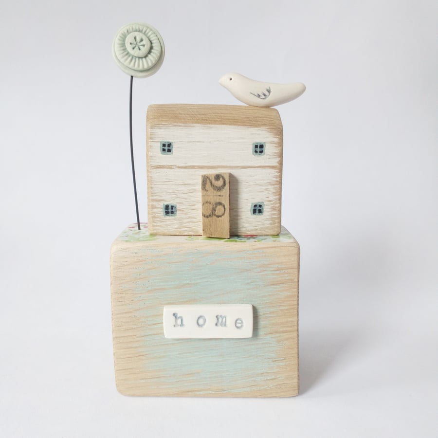 SALE - Wooden house with clay bird and flower on Oak block 'home'