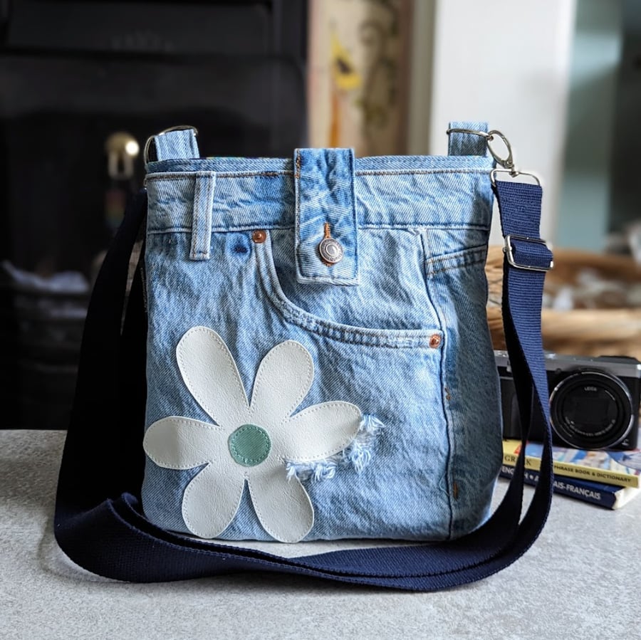 Denim Bag - Pale Denim Jeans Mini Cross Body Bag with Daisy Motif