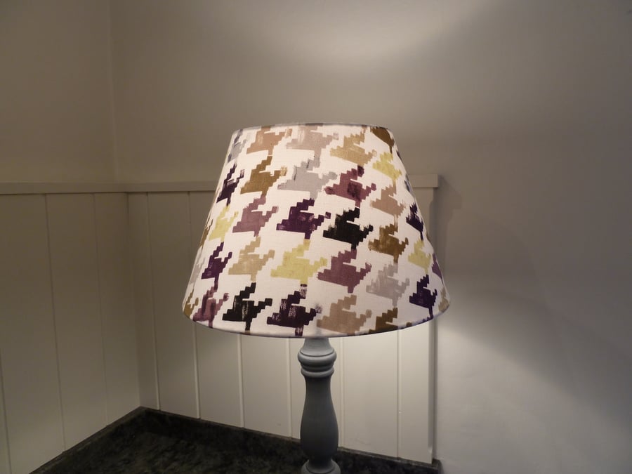 Dogtooth fabric covered lampshade - purple, grey, lime green, black, beige