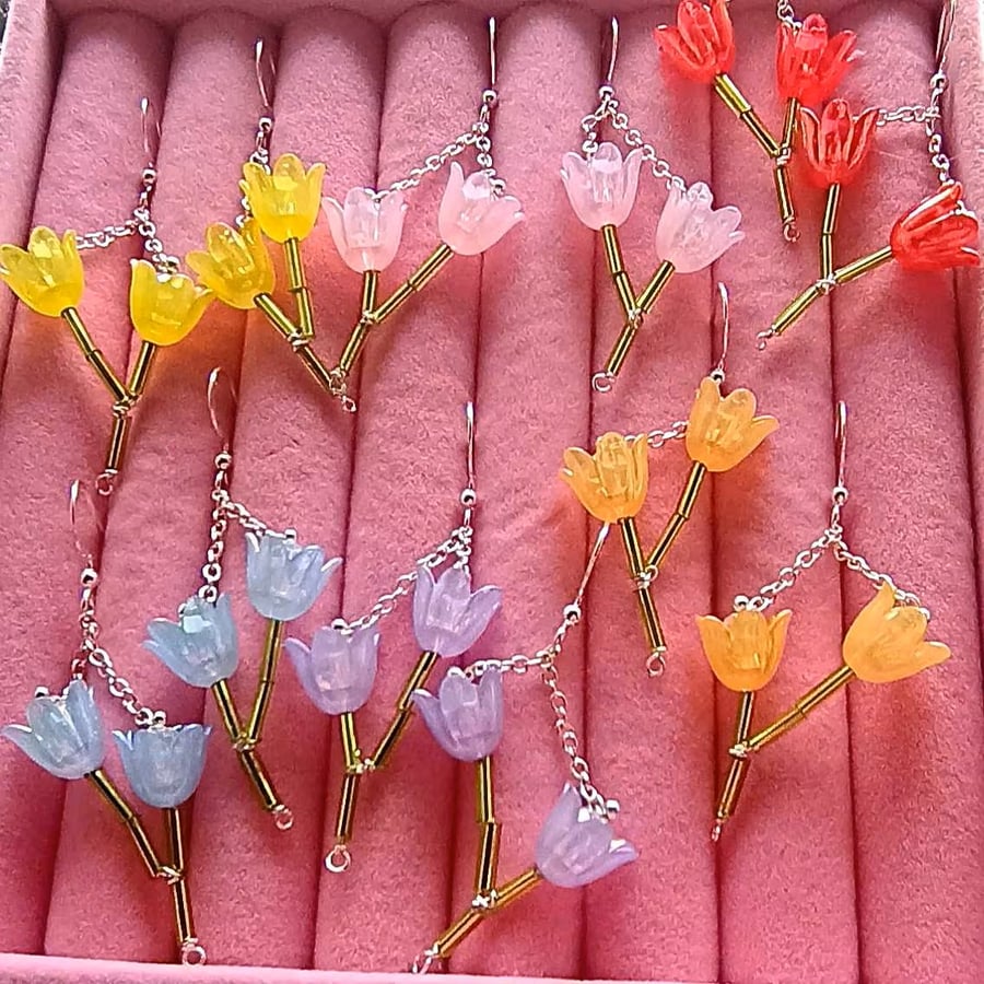 Colourful Tulip Earrings, Lucite Flower Jewellery, Spring Floral Earrings