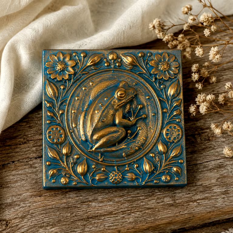 Frog Wall Plaque, 3x3 Faux Copper Resin Folk Art Wall Decor