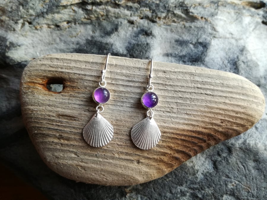 Amethyst and Scallop Shell Earrings.